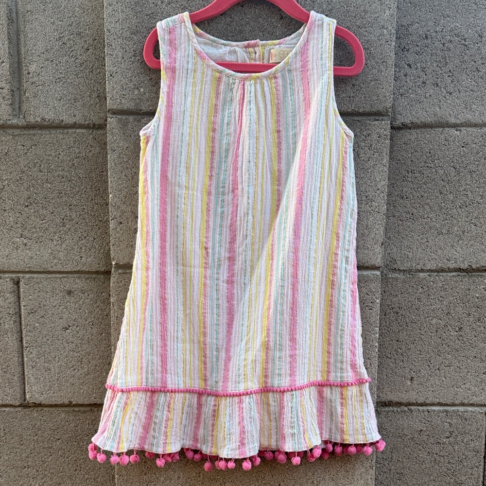 EGG New York Girls' Pink Multi-Stripe Pom Hem Summer Dress 7Y